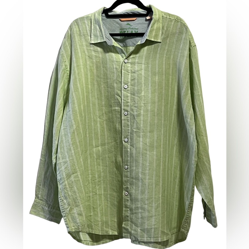 Mens Tommy Bahama Relax 100%Linen Long Sleeve Button Down Shirt Green Stripe 2XB